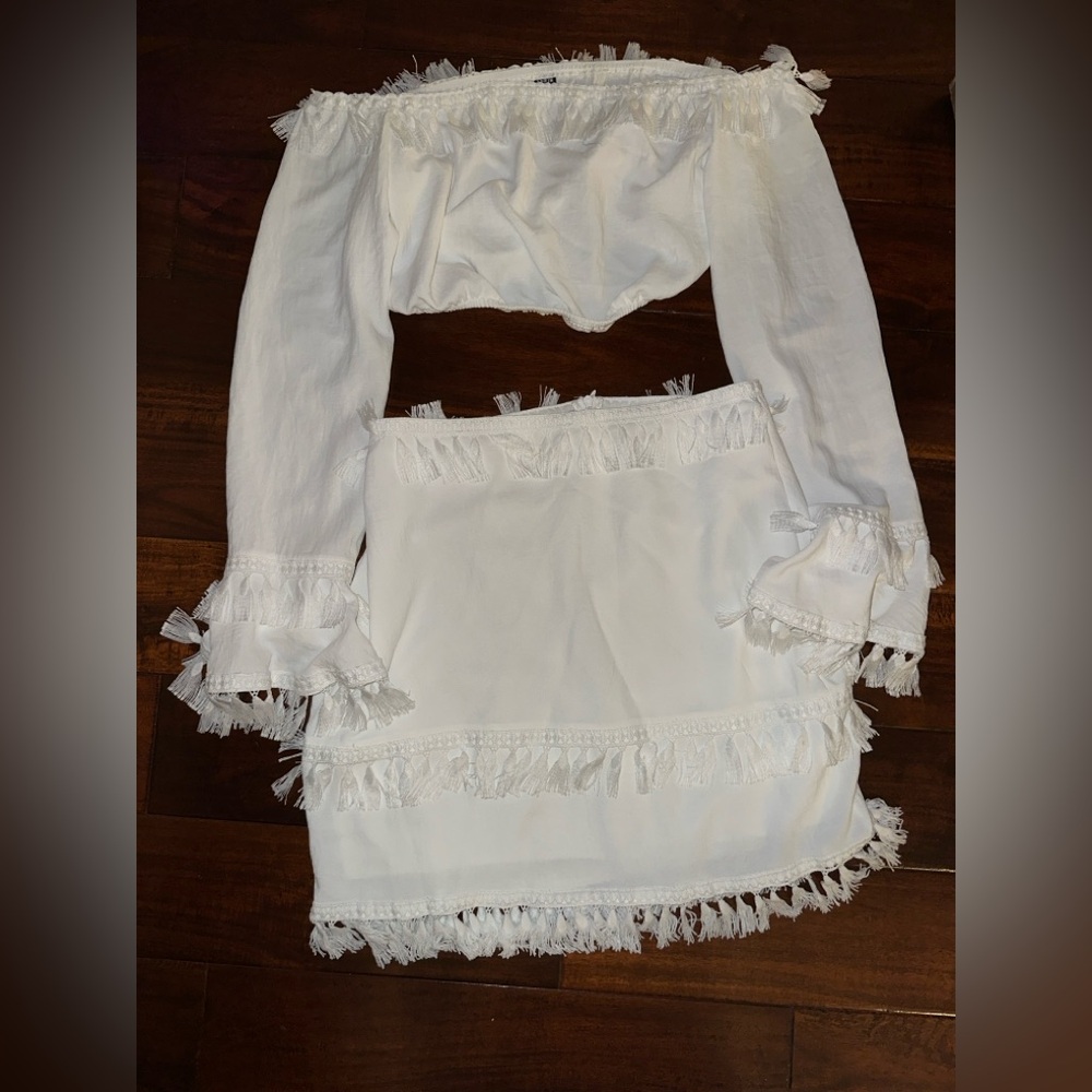 White Fringe Skirt Set